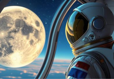 An astronaut in space orbiting the moon.